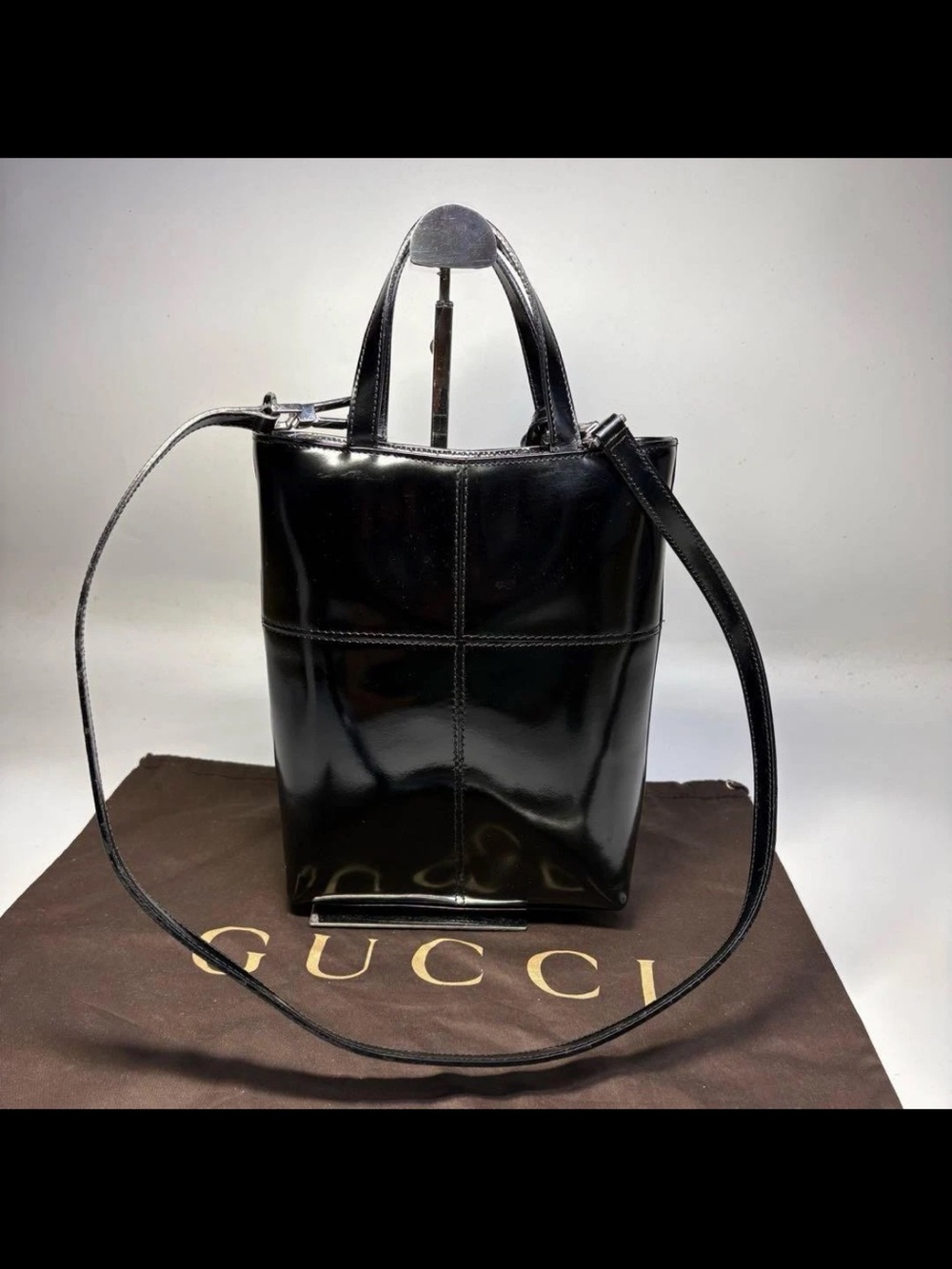 Gucci Glossy Black Patent Leather Tote with Cross-Stitch Panels